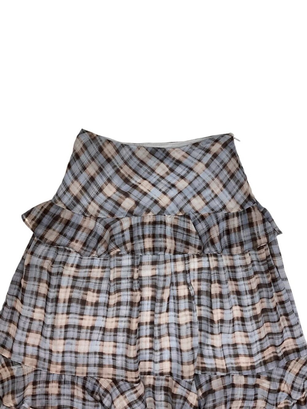En Saison Briar Plaid Ruffle Tiered Midi Skirt XS Brown Blue Western - Picture 9 of 13